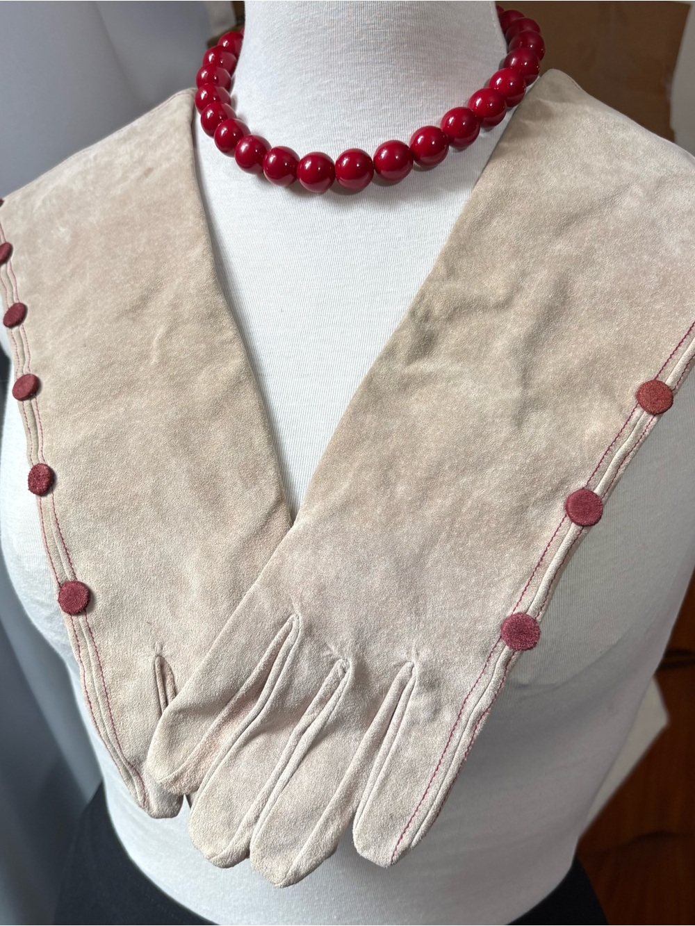 Vintage-look Long Cream Suede Gloves with Dark Red Button Detail